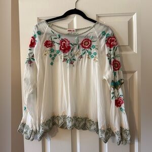 Johnny Was White Floral Embroidery Flared Top